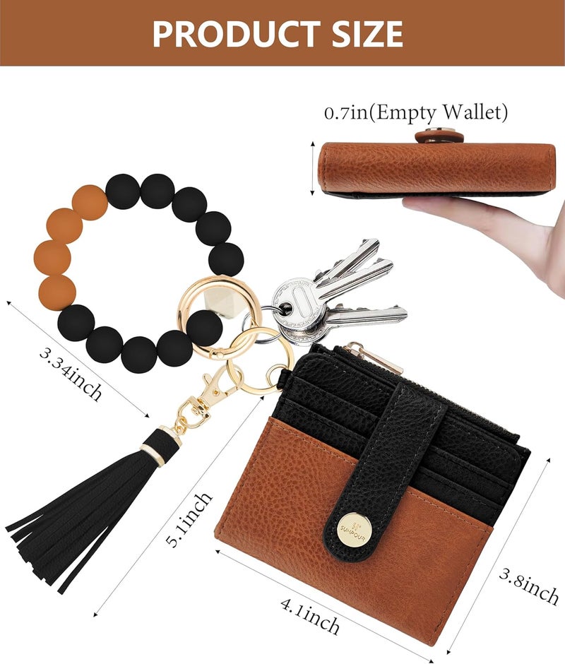Sunpour Small Wristlet Wallets for Women Keychain Wristlet Wallet RFID Blocking Key Chain Wallet With Zipper Coin Pocket,2 Id Window (Brown＆Black) - Image 2